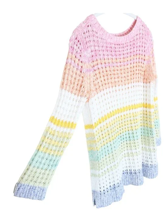 TALBOTS Pastel Rainbow Stripe Crochet Sheer Pullover Sweater Mp Cotton Coastal - Picture 2 of 5